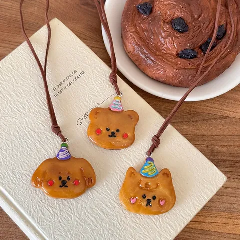 Collier À Pendentif Pain Simulation Résine Croissant Pretzel Animal Ours Chien Chat Avec Cordon Brun Bijoux Style Coréen Mignon
