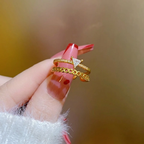 Double Layer Gold Plated Brass Ring With Triangular Zircon Open Adjustable Geometric Minimalist Jewelry For Women