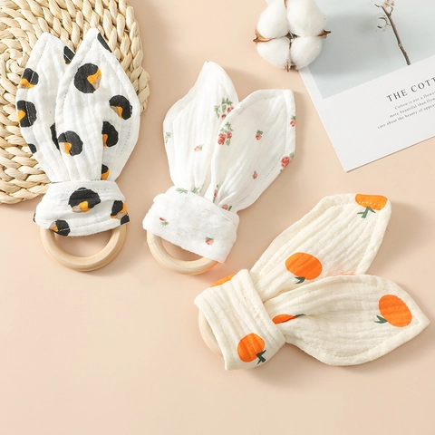 Infant Teething Toy Natural Wooden Ring With Muslin Cotton Rabbit Ears Newborn Baby Teethers Soothing Chew Sensory Toy