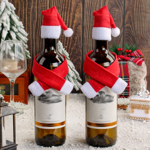 Mini Chapeau Et Écharpe De Noël En Tissu Non Tissé Feutre Décoration De Bouteille De Vin Pour Table De Fête Festive