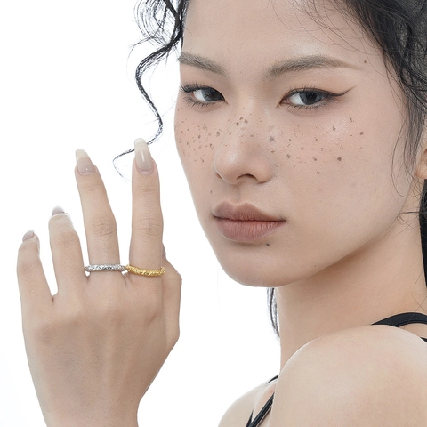 925 Sterling Silver Open Ring Women Minimalist Irregular Tin Foil Texture Lava Hammered Adjustable Fashion Finger Ring