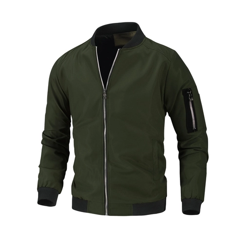 Men Bomber Jacket Windproof Polyester Flight Coat Casual Tactical Outerwear Ribbed Trim Multi Pockets Zipper Fashion