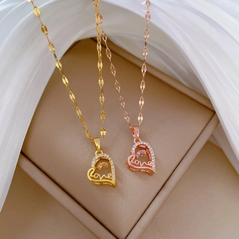 Roestvrij Staal Hart Love Hanger Ketting Met Strass Mode Koper Ingelegde Sleutelbeen Ketting Sieraden Voor Vrouwen