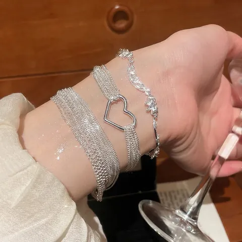 Bracelet Multi Rangs Cuivre Argenté Cœur Noeud Papillon Zircon Ajustable Bijou Pour Femme