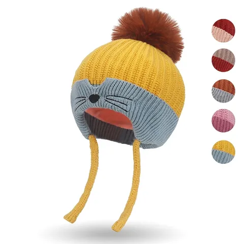 Cappello Maglia Invernale Bambini Filato Nucleo Spesso Fodera Pile Protezione Orecchie Gatto Cartone Pompon Neonati Beanie