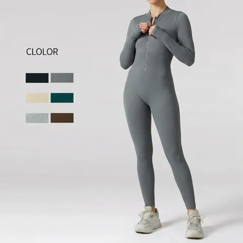 Dames Naadloze Geribbelde Yoga Jumpsuit Lange Mouwen Rits Opstaande Kraag Duimgaten Fitness Workout Sport Bodysuit