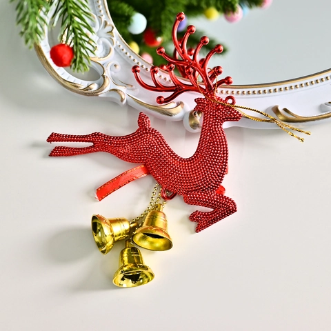 Christmas Reindeer Hanging Ornament Glitter Plastic Deer With Bells And Ribbon Bow Holiday Tree Decoration Accessory