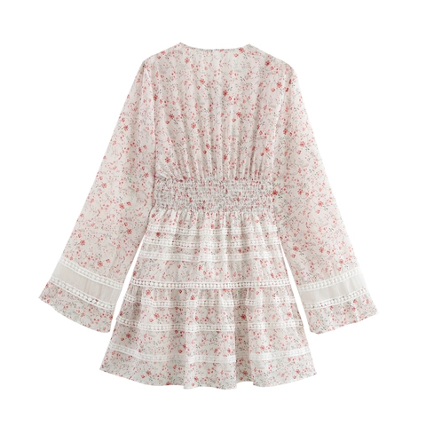 French Style Floral Chiffon Mini Dress With Lace Patchwork Long Sleeve V-Neck Vintage High Waist Pleated Hem For Women