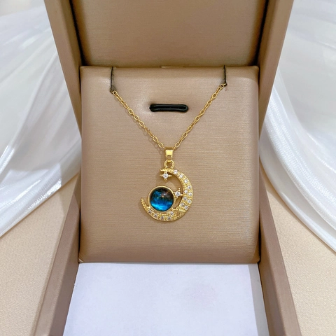 Collana Con Pendente Catena In Acciaio Inossidabile Rame Luna Stella Strass Gemma Stellata Blu Gioielli Eleganti Donna