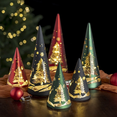 Christmas Tree LED Night Light Frosted Glass Conical Desktop Ornament Warm Atmosphere For Festive Home Decoration
