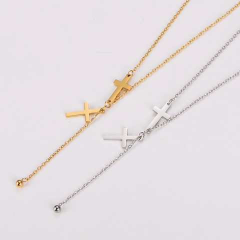 Collar Lariat De Cruz De Acero Inoxidable 304 En Forma De Y Doble Cruz Borla Minimalista Joyería Para Mujer
