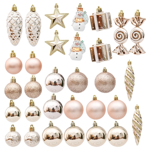 Addobbi Natalizi Appesi Albero Palle Plastica Champagne Oro Rosa Stelle Fiocchi Di Neve Pupazzo Di Neve Bastoncino Zucchero