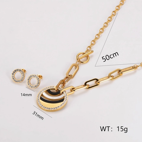 Collana E Orecchini In Acciaio Inossidabile 304 Placcato Oro 18K Cerchio Con Strass Motivo Nero Bianco Catena Graffetta