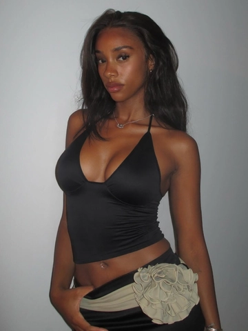 Sexy V Neck Halter Top Sleeveless Slim Fit Backless Polyester Spandex Solid Color Tie Up Streetwear For Women