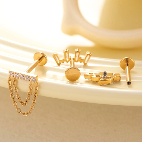 Titanium Alloy Cartilage Earring CZ Labret Stud Flat Back Internal Thread Helix Piercing Jewelry Heart Leaf Tassel Design