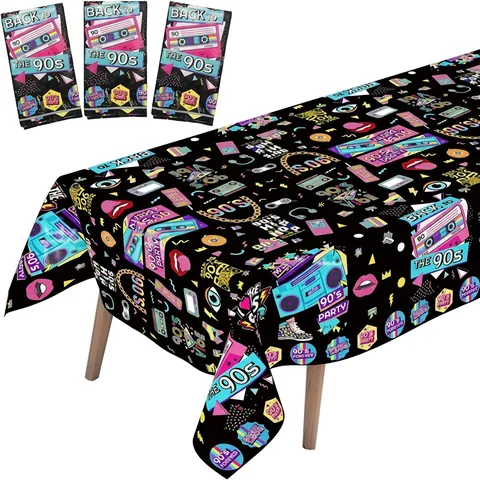 Mantel Desechable De Plástico Disco Retro Impermeable Rectangular Estampado Radio Cinta Neón Para Decoración De Fiesta Cumpleaños