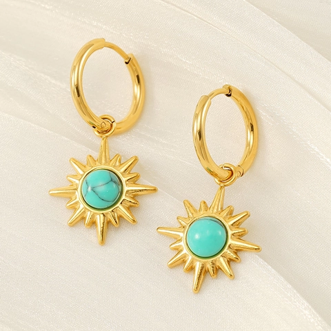 18K Verguld Roestvrij Staal Turkoois Zonnestaar Bedel Hoop Oorbellen Vintage Boheemse INS Stijl Sieraden Voor Dames