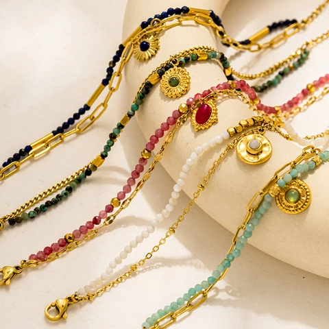 Bohemian Double Layer Bracelet Stainless Steel Natural Stone Beaded Sun Star Pendant Vintage Gold Finish Jewelry For Women
