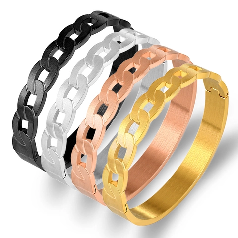 Stainless Steel Cuban Chain Bangle For Women Hollow Link Design With Hinge Clasp Matte Brushed Finish Jewelry