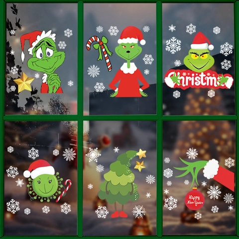 Autocollants De Fenêtre De Noël Personnage Dessin Animé PVC Statique Sans Colle Double Face Décorations Pour Portes En Verre