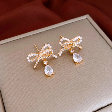 Sweet Bow Imitation Artificial Pearl Earrings With Zircon Teardrop Gold Plated Silver Earring Post Elegant Jewelry For Women