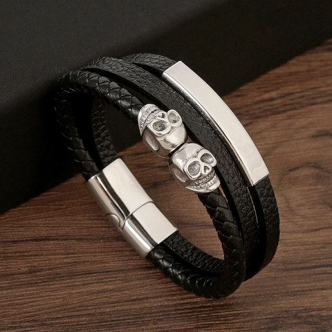 Pulsera De Cuero Trenzado De Múltiples Capas Con Dijes De Calavera De Acero Inoxidable Estilo Punk Rock Cierre Magnético