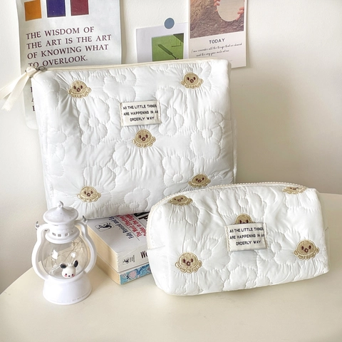 Trousse Cosmétique Matelassée Broderie Dessin Animé Pieuvre Fleur Organisateur De Toilette Sac À Main Fermeture Éclair