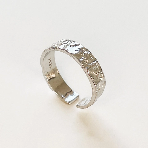 Anello In Argento Sterling 925 Regolabile Aperto Trama Martellata Superficie Di Lava Irregolare Stile Minimalista Per Donna