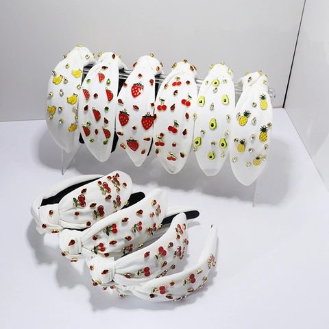 Knotted Wide Headband Fabric With Alloy Fruit Charms And Rhinestones Fashion Hair Accessories For Women