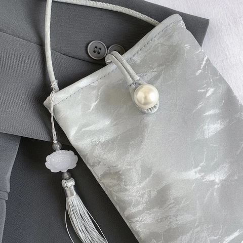Chinese Style Women Mobile Phone Bag PU Crinkle Texture Artificial Pearl Clasp Tassel Pendant Crossbody Shoulder Bag Retro Elegant