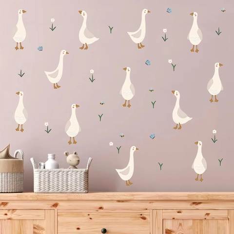 Cartoon Goose Wall Stickers For Kids Room Nursery Kindergarten PVC Self Adhesive Decorative Animal Decals With Bees Flowers