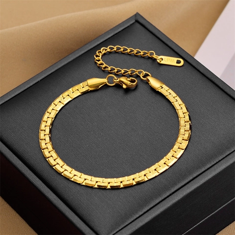 Bracciale Coreano Minimalista in Acciaio al Titanio con Catena Piatta per Donna Oro Argento Bracciale a Maglia Cubana Regolabile