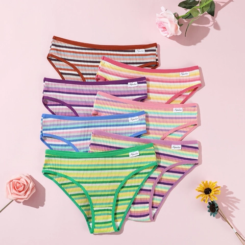 Women's Ribbed Cotton Panties Colorful Striped Low Waist Breathable Briefs Soft Underwear For Girls