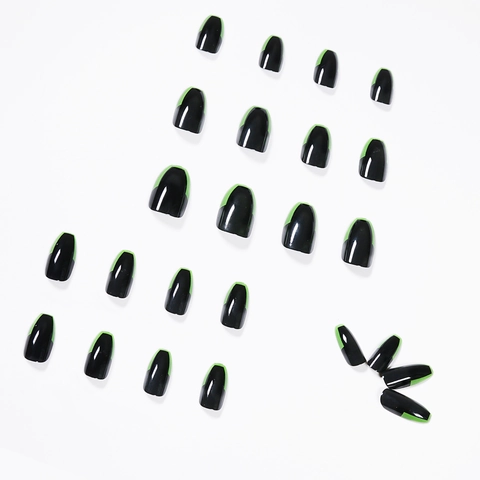 Glanzende Zwarte En Fluorescerend Groene French Press On Nails Lange Kistvorm Valse Nagelstips Voor Dames Manicure