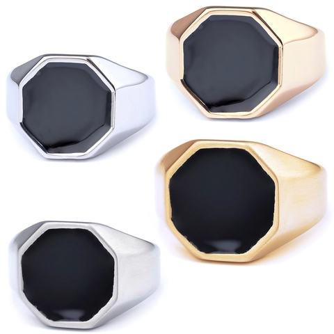 Oktogonaler Siegelring Für Herren Schwarze Emaille Edelstahl Punk Hip Hop Minimalistischer Geometrischer Schmuck Matt