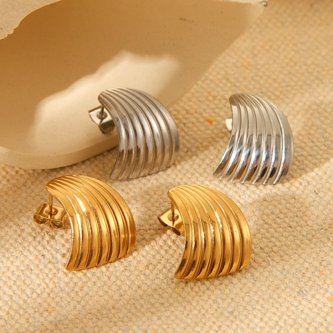 Striped Fan Shaped Stud Earrings Stainless Steel 18K Gold Plated Scalloped Vintage Simple Jewelry For Women