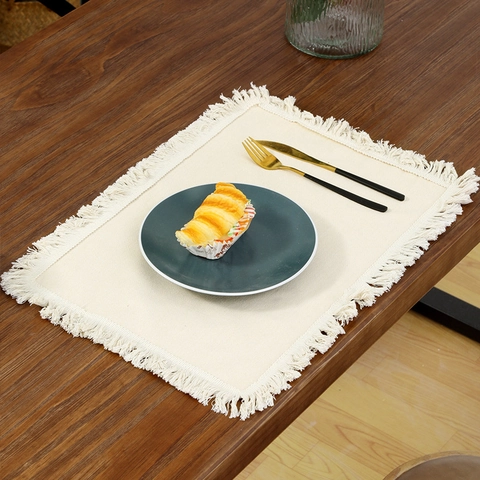 Mantel Individual Algodón Lino Tapete De Mesa Aislado Térmico Borde De Borla Nórdico Color Sólido Decoración De Comedor