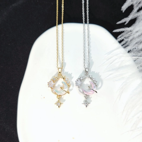 Collana con Ciondolo Stella Luna in Acciaio al Titanio per Donna Placcata Oro Argento Perla Artificiale Strass Gioielli
