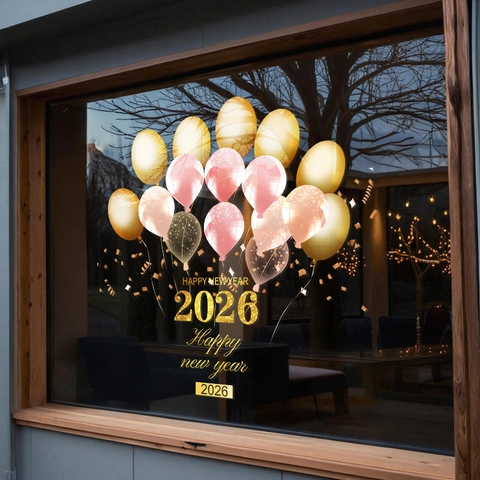 Happy New Year 2026 Window Clings Static PVC Stickers Gold Pink Balloons Double Sided Festive Glass Decors Shop