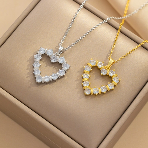 Heart Pendant Necklace Stainless Steel Hollow Zircon Inlaid Elegant Fashion Jewelry For Women