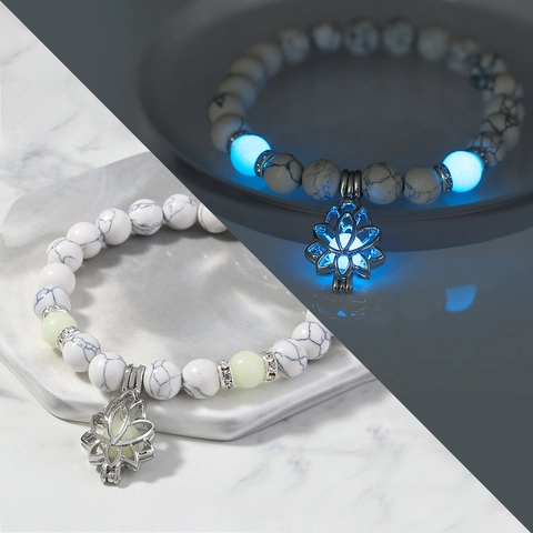 Pulsera De Cuentas De Loto Luminosa Que Brilla En La Oscuridad Piedra Turquesa Blanca Yoga Meditación Joyería Para Mujer