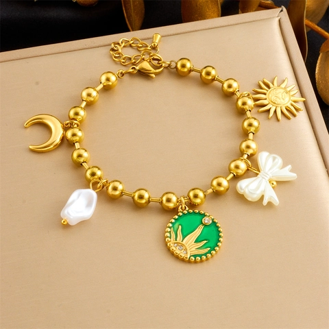 Bracelet En Acier Inoxydable Plaqué Or Avec Pendants Soleil Lune Nœud Émail Et Künstliche Perle Baroque Pour Femme Vintage Boho