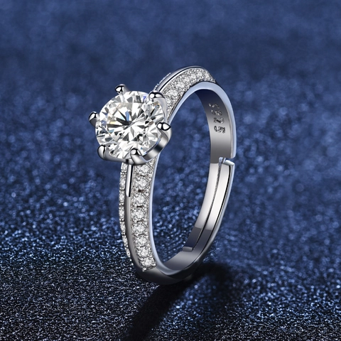 Adjustable Ring White Copper Plated Zircon Classic Six Prong Crown Flower Halo Wedding Engagement Elegant Jewelry Gift