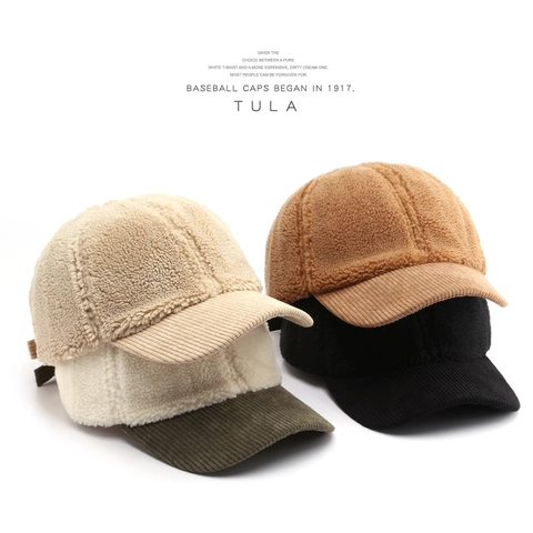Sherpa Fleece And Corduroy Baseball Cap Warm Winter Adjustable Sun Hat Patchwork Outdoor Headwear For Women