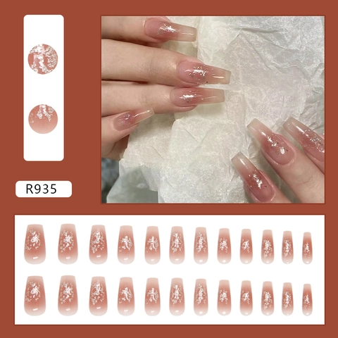 Pink Gradient Coffin Press On Nails With Silver Foil Glitter Long Ballerina Fake Nails Sweet Style ABS Plastic