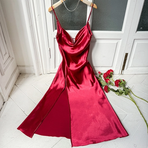 Sexy Cowl Neck Slip Nachthemd Imitation Satin Satin Schlaffkleid Spaghettiträger Seitenschlitz Elegante Loungewear Damen