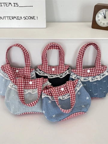 Women Mini Denim Handbag Sweet Lace Trim Small Tote Bag With Red White Gingham Handle Vintage Snap Closure Star Bow