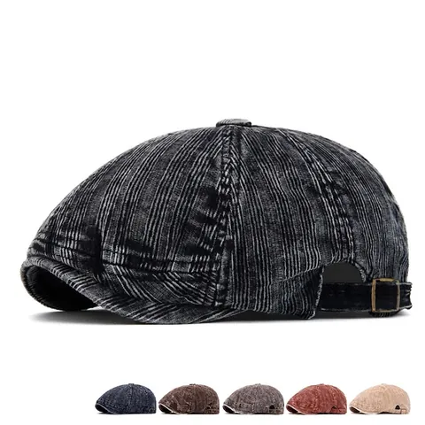 Berretto Newsboy Vintage Velluto Lavato Fibbia Acciaio Inossidabile Regolabile Piatto Righe Retro Ottagonale Per Uomini Donne