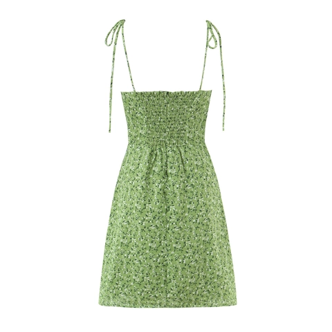 Damen Sommer Florales Cami Kleid Polyester Ärmellos Bindegurte Gesmokter Rücken Lässig Süß Mini A-Linie Grün