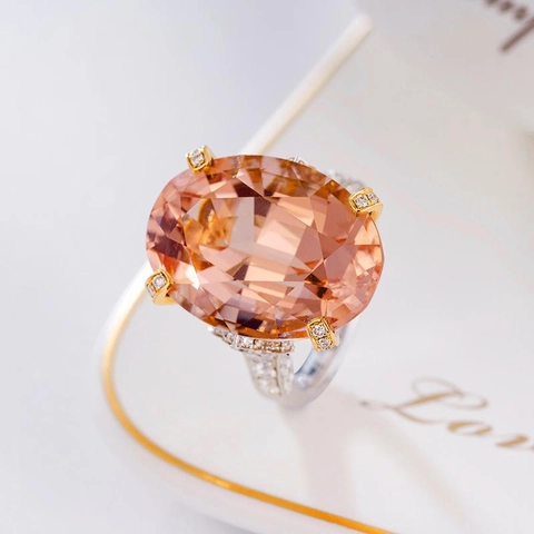 Oval Champagne Simulated Gemstone Copper Ring Micro Pave Rhinestones Adjustable Open Band Elegant For Women